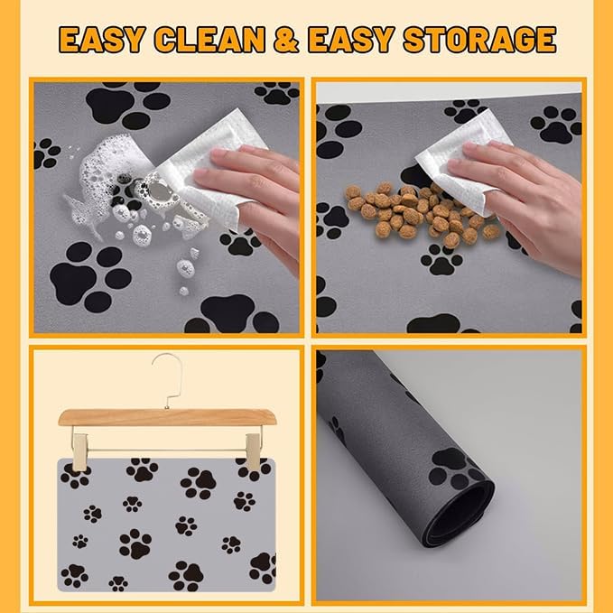 18"×30" Dog Food Mat-Absorbent Dog Mat for Food and Water, No Stains Quick Dry Cat Food Bowl Mat with Footprints for Messy Drinkers,Dark Grey