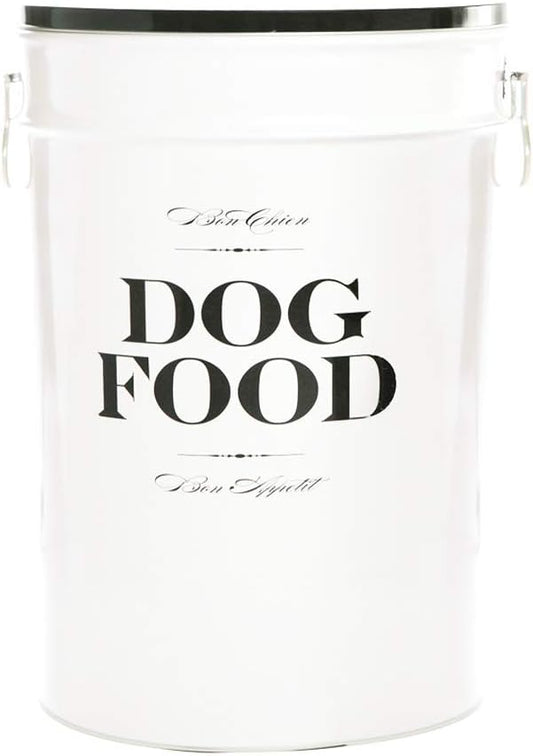 Harry Barker Bon Chien Dog Food Storage Canister – Large 11 gallon, Airtight Stainless Steel Pet Food Container, Stylish Kitchen Counter Dog Kibble Storage with Easy-Open Lid - White