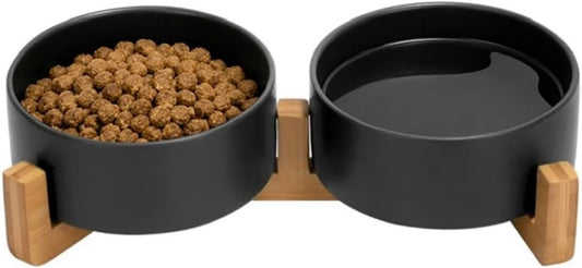 Ceramic Cat and Small Dog Bowl Set – Modern Indoor Small Size Pet Food and Water Bowls with Wood Stand – Non Slip Puppy Sized Feeding Station with Double Dishes (Gray)