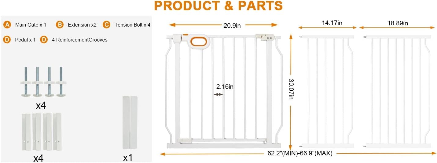 Baby Gates Extra Wide for Large Opennings with Door Pressure Mounted 90.6-95.2 Inch Extra Wide Baby Gate Dog gate for Doorways Indoor Metal Gate No Drilling with Walk-Through Door,White