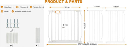 Baby Gates Extra Wide for Large Opennings with Door Pressure Mounted 90.6-95.2 Inch Extra Wide Baby Gate Dog gate for Doorways Indoor Metal Gate No Drilling with Walk-Through Door,White