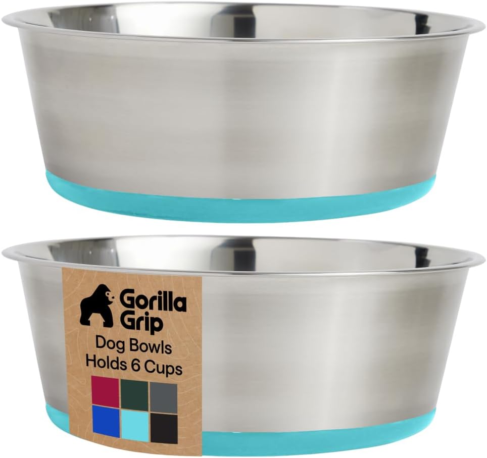 GORILLA GRIP Dog Bowls, Food Grade 304 Stainless Steel, Holds 2 Cups Each (16 fl oz) Food and Water Bowl for Feeding Dogs and Cats, Dishwasher Safe, Rust Resistant, BPA Free Rubber Base Set of 2 Black