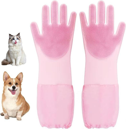 Dog Washing Gloves- Long Sleeved Pet Grooming Gloves - Heat Resistant Silicone Gloves with High-Density Teeth - Efficient Deshedding Glove for Dogs, Cats, Rabbits and Horses