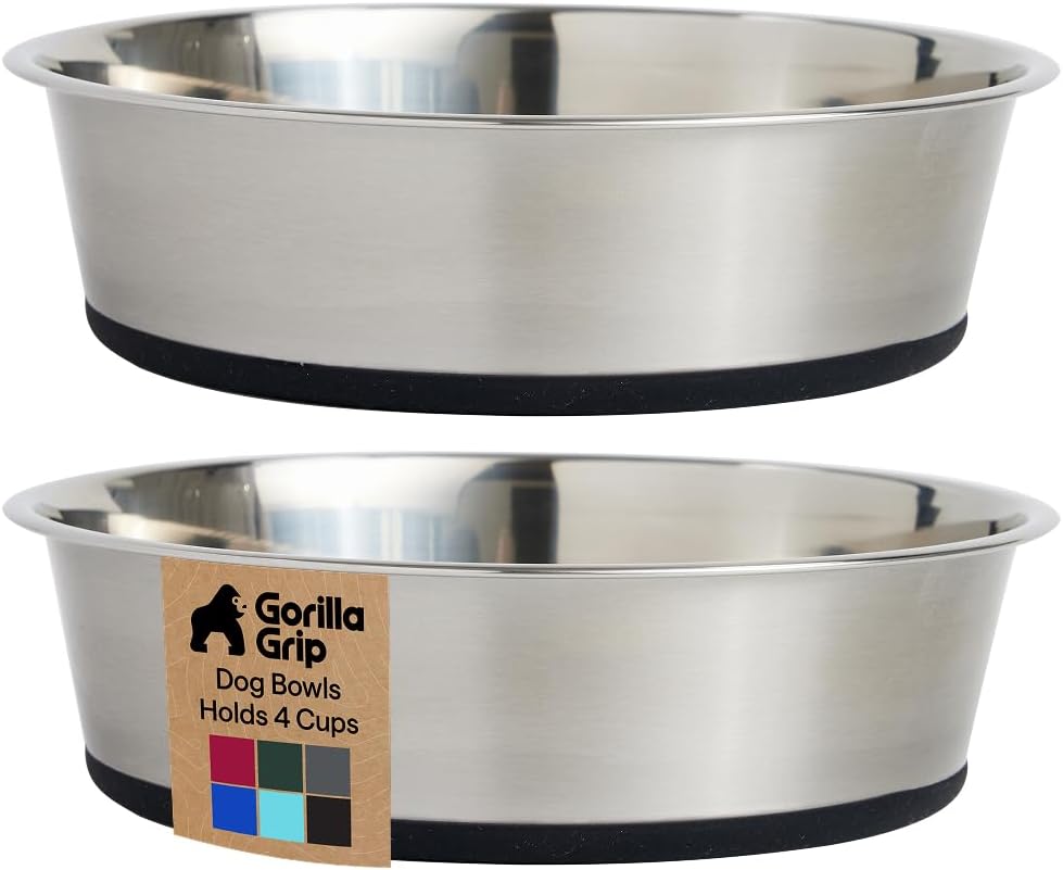 GORILLA GRIP Dog Bowls, Food Grade 304 Stainless Steel, Holds 2 Cups Each (16 fl oz) Food and Water Bowl for Feeding Dogs and Cats, Dishwasher Safe, Rust Resistant, BPA Free Rubber Base Set of 2 Black