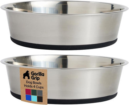 GORILLA GRIP Dog Bowls, Food Grade 304 Stainless Steel, Holds 2 Cups Each (16 fl oz) Food and Water Bowl for Feeding Dogs and Cats, Dishwasher Safe, Rust Resistant, BPA Free Rubber Base Set of 2 Black