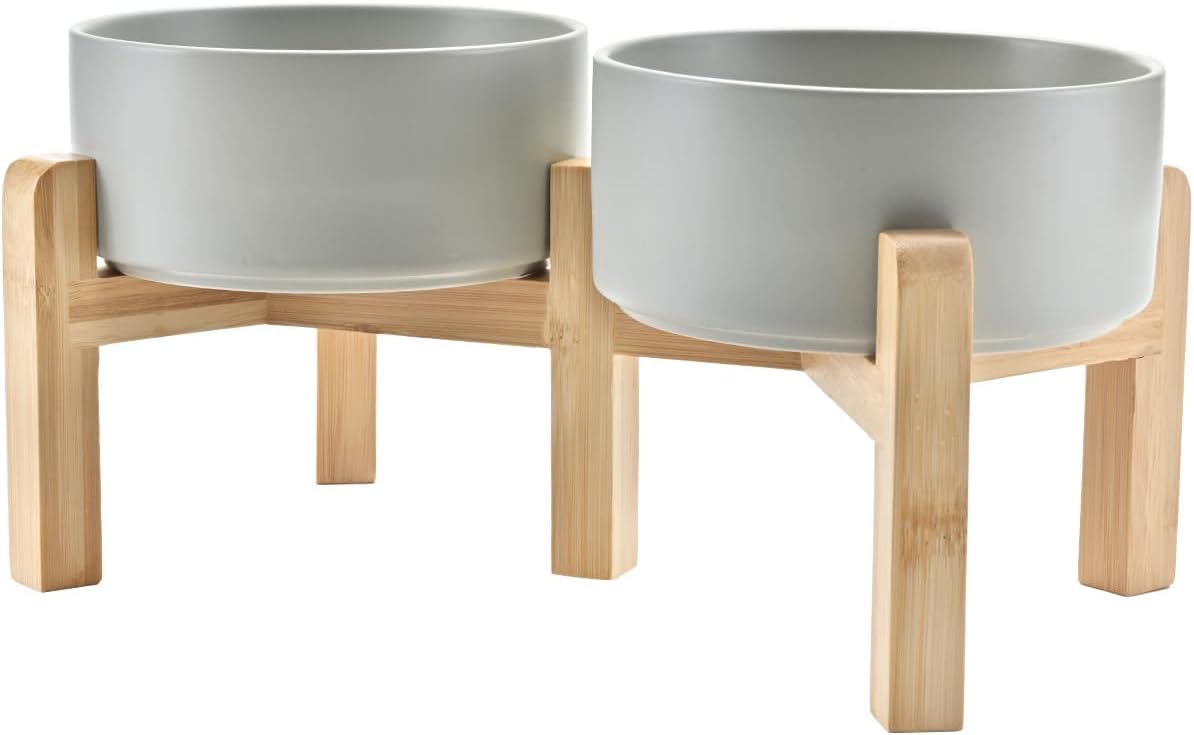 SPUNKYJUNKY Elevated Dog Bowls Ceramic, 6.1'' Dogs and Cat Food Water Bowls Raised with Non-Slip Bamboo Stand for Medium Sized Breed Microwave Dishwasher Safe - 28.7 OZ,Beige