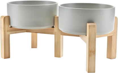 SPUNKYJUNKY Elevated Dog Bowls Ceramic, 6.1'' Dogs and Cat Food Water Bowls Raised with Non-Slip Bamboo Stand for Medium Sized Breed Microwave Dishwasher Safe - 28.7 OZ,Beige
