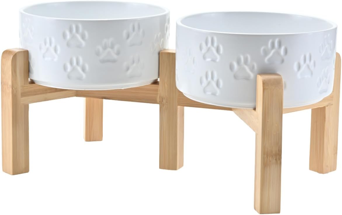 SPUNKYJUNKY Elevated Dog Bowls Ceramic, 6.1'' Dogs and Cat Food Water Bowls Raised with Non-Slip Bamboo Stand for Medium Sized Breed Microwave Dishwasher Safe - 28.7 OZ,Beige