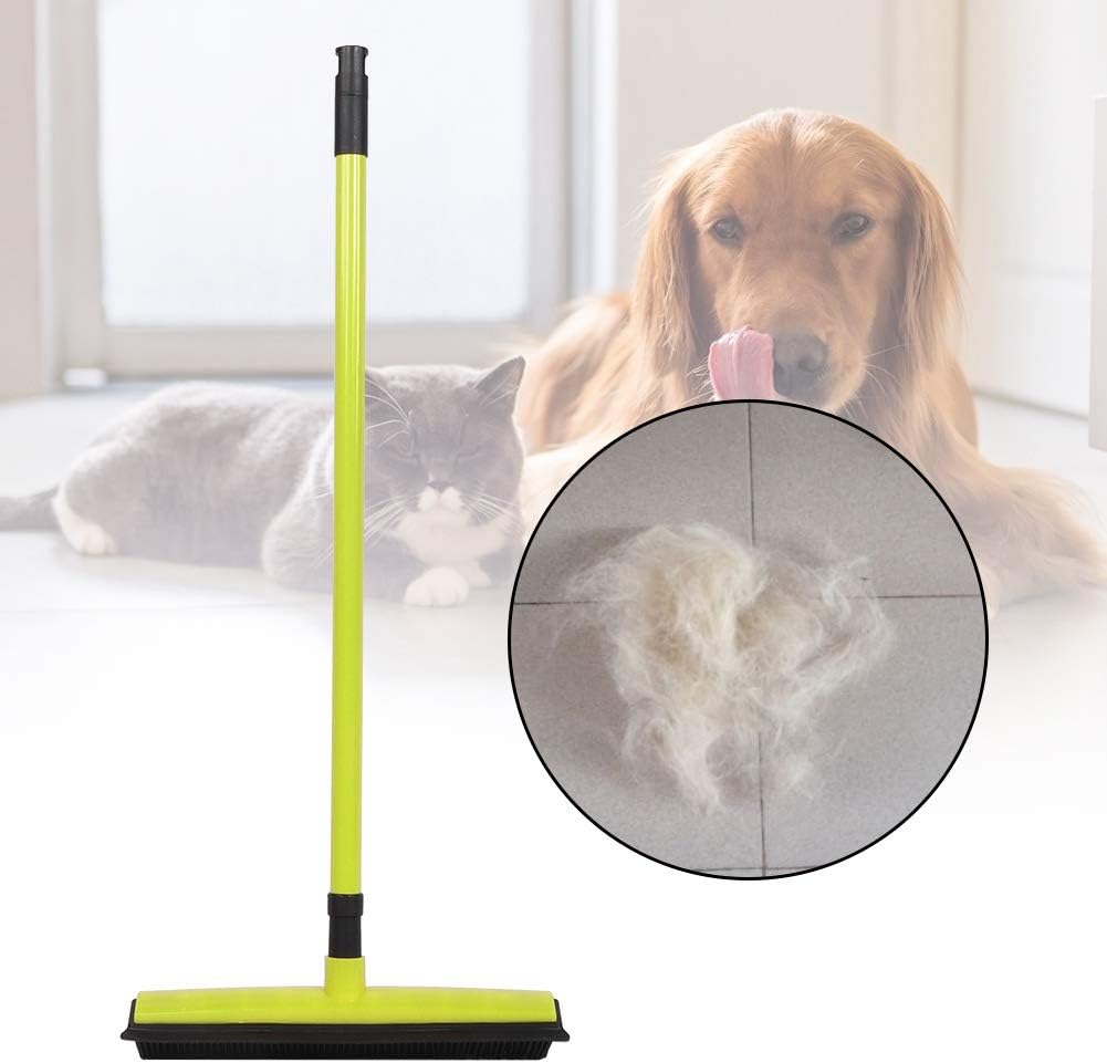 Pet Hair Sweeper, Rubber Broom Pet Hair Lint Removal Device with Telescopic Bristles Sweep Cleaner 27 to 47 Inches Adjustable Length Rubber Bristles TPE Scraper for Carpet Tile Hardwood Linoleum