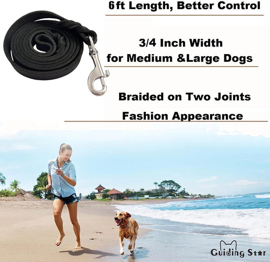 Leather Dog Leash 6ft, Heavy Duty for Large Dogs, Soft Strong Braided Training Leash for Small Medium Large Breeds (6ftx3/4inch, Black)