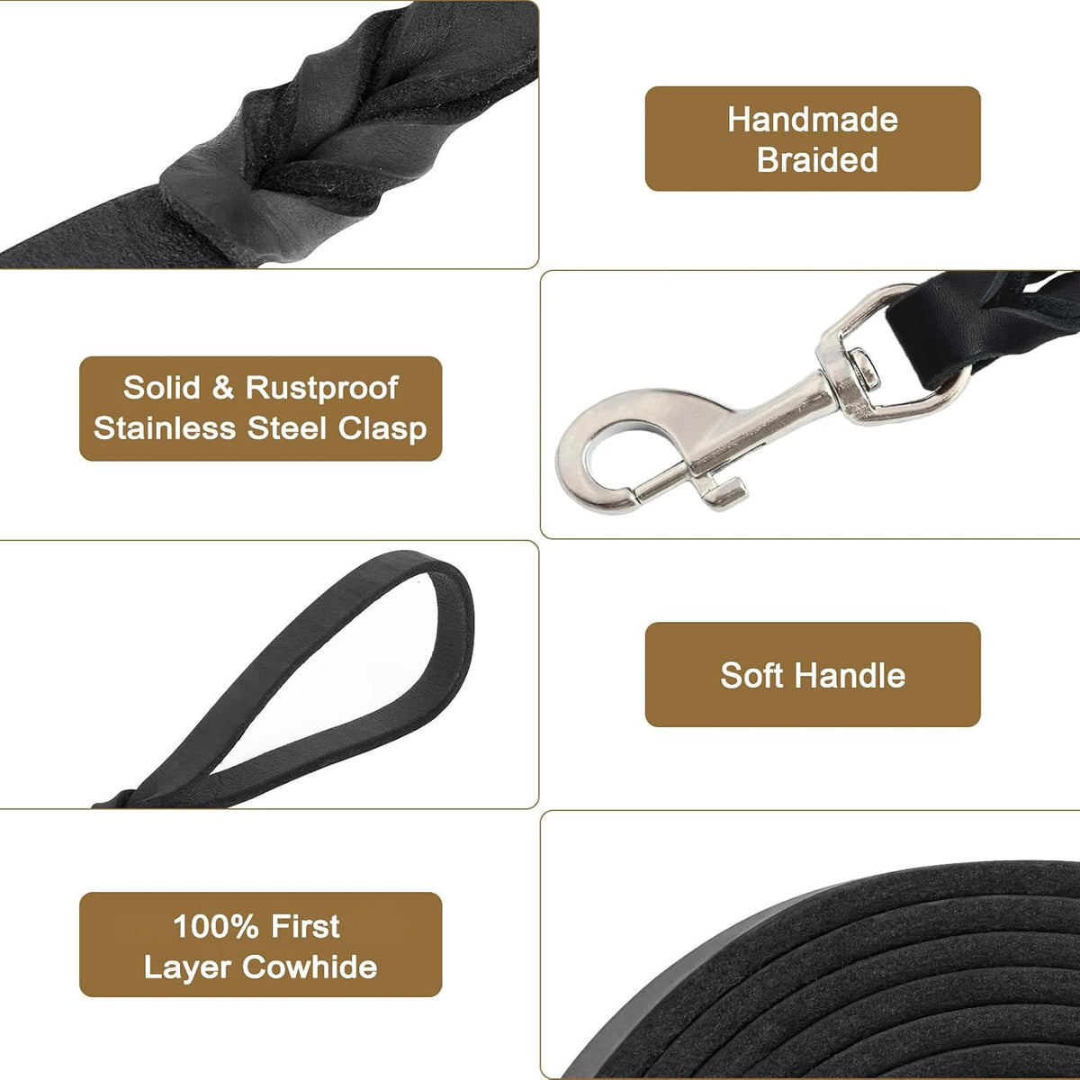 Leather Dog Leash 6ft, Heavy Duty for Large Dogs, Soft Strong Braided Training Leash for Small Medium Large Breeds (6ftx3/4inch, Black)