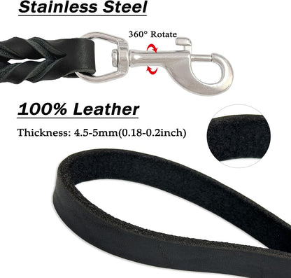 Leather Dog Leash 6ft, Heavy Duty for Large Dogs, Soft Strong Braided Training Leash for Small Medium Large Breeds (6ftx3/4inch, Black)