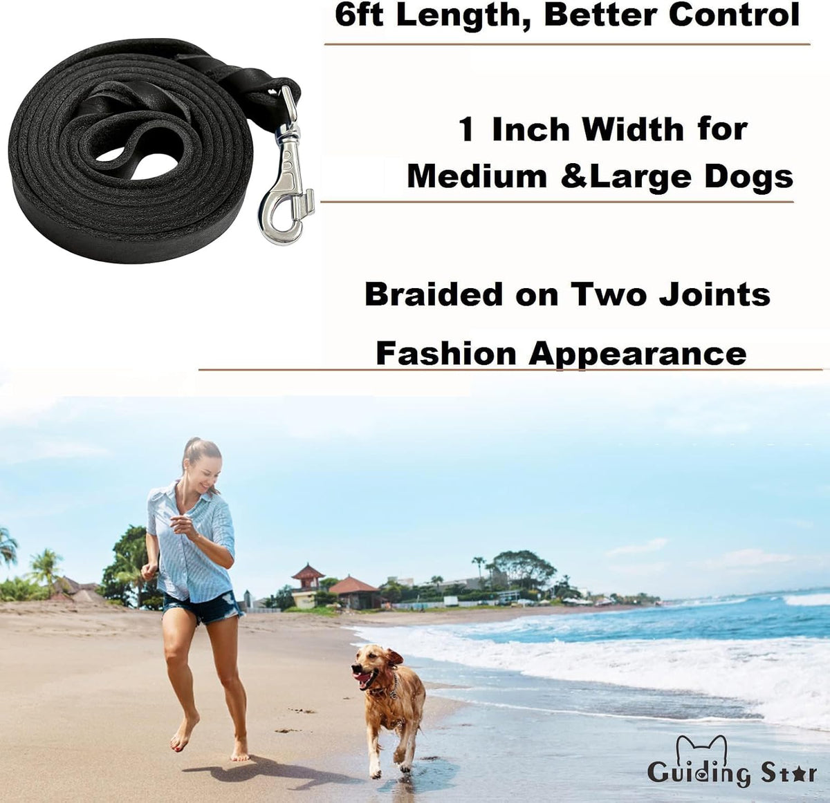 Leather Dog Leash 6ft, Heavy Duty for Large Dogs, Soft Strong Braided Training Leash for Small Medium Large Breeds (6ftx3/4inch, Black)