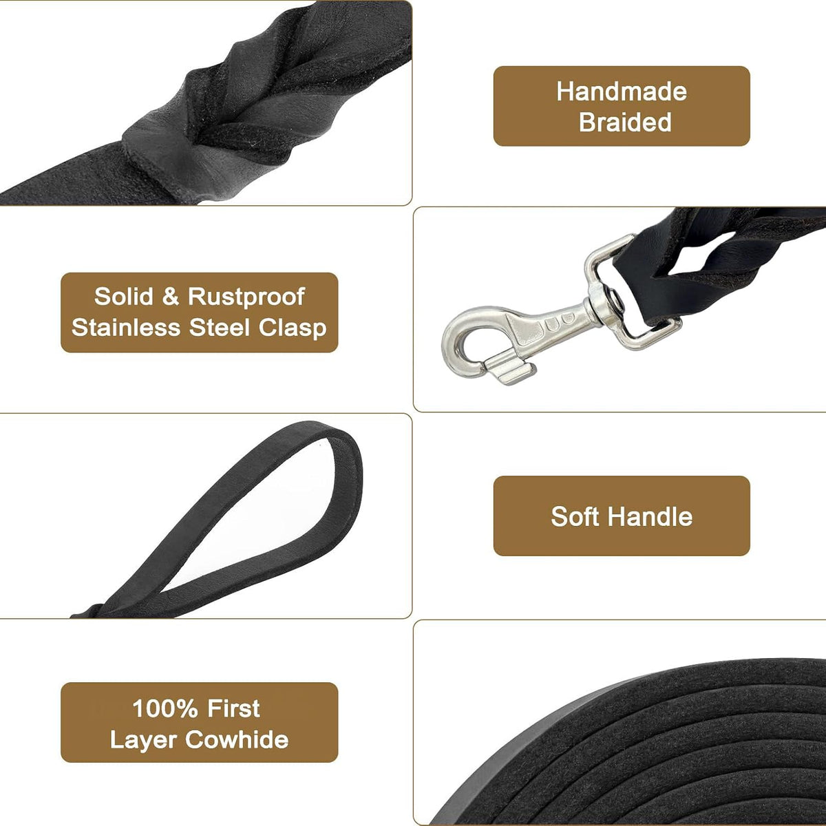 Leather Dog Leash 6ft, Heavy Duty for Large Dogs, Soft Strong Braided Training Leash for Small Medium Large Breeds (6ftx3/4inch, Black)