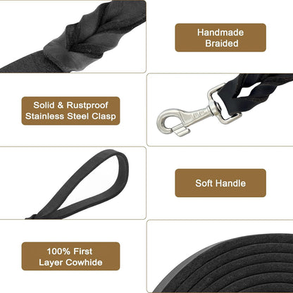 Leather Dog Leash 6ft, Heavy Duty for Large Dogs, Soft Strong Braided Training Leash for Small Medium Large Breeds (6ftx3/4inch, Black)