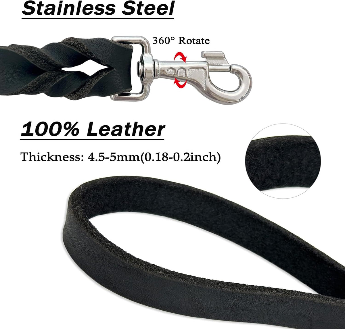 Leather Dog Leash 6ft, Heavy Duty for Large Dogs, Soft Strong Braided Training Leash for Small Medium Large Breeds (6ftx3/4inch, Black)