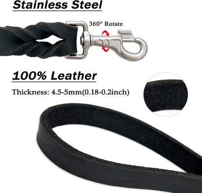 Leather Dog Leash 6ft, Heavy Duty for Large Dogs, Soft Strong Braided Training Leash for Small Medium Large Breeds (6ftx3/4inch, Black)