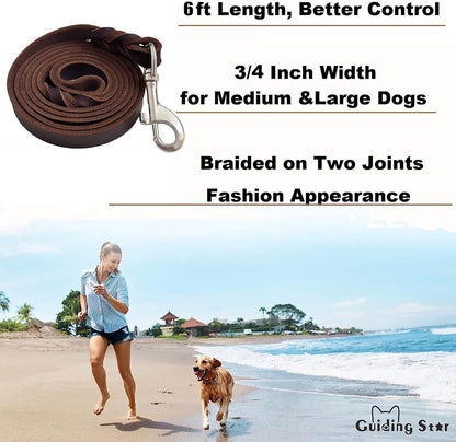 Leather Dog Leash 6ft, Heavy Duty for Large Dogs, Soft Strong Braided Training Leash for Small Medium Large Breeds (6ftx3/4inch, Black)