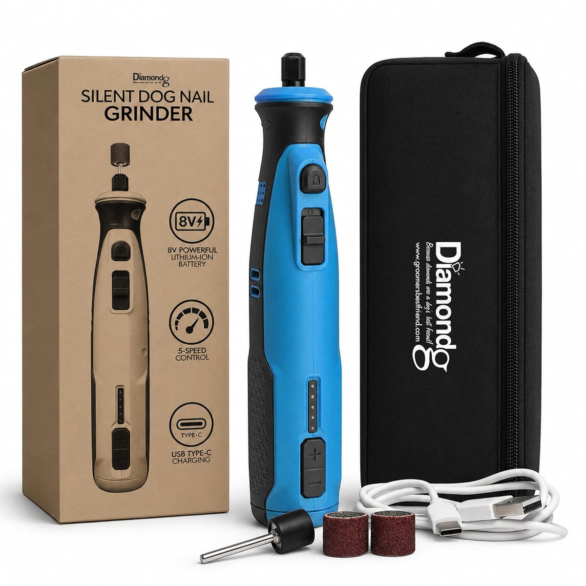 Cordless Dog Nail Grinder - Quiet Sound with LED Light, Blue