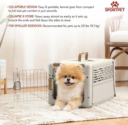 Collapsible Small Pet Travel Carrier (Tan), Hard-Sided Kennel for Small Dogs, Puppies, Cats, Kittens, Animals up to 25lbs, Washable Home & Outdoor Pet Crate, 24.5"L x 16.5"W x 16"H