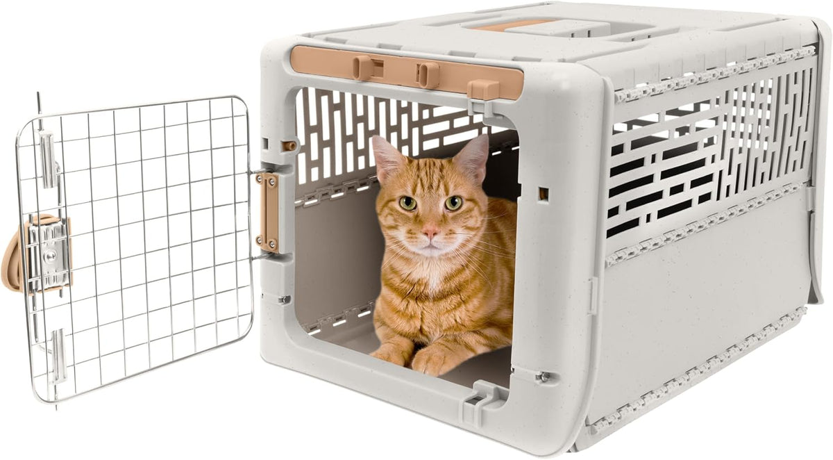 Collapsible Small Pet Travel Carrier (Tan), Hard-Sided Kennel for Small Dogs, Puppies, Cats, Kittens, Animals up to 25lbs, Washable Home & Outdoor Pet Crate, 24.5"L x 16.5"W x 16"H