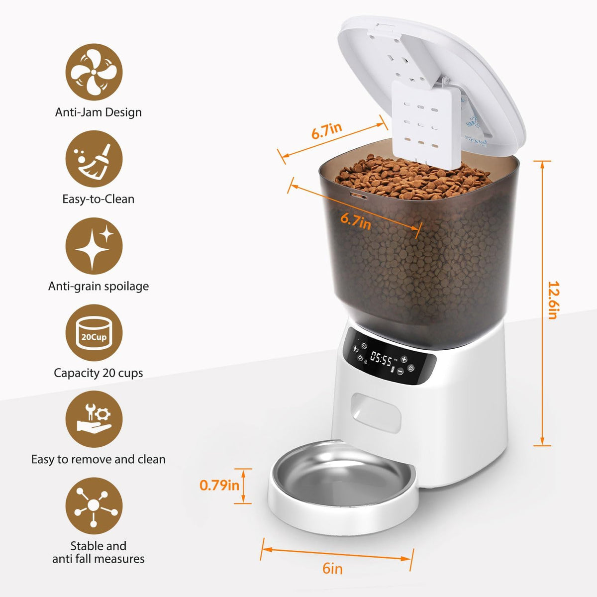 Automatic Cat Feeder, Cat Food Dispenser with Stainless Steel Bowl, Timed Portion Control 20 Portions 6 Meals Per Day, Voice Recorder, Dual Power Supply for Small Dogs