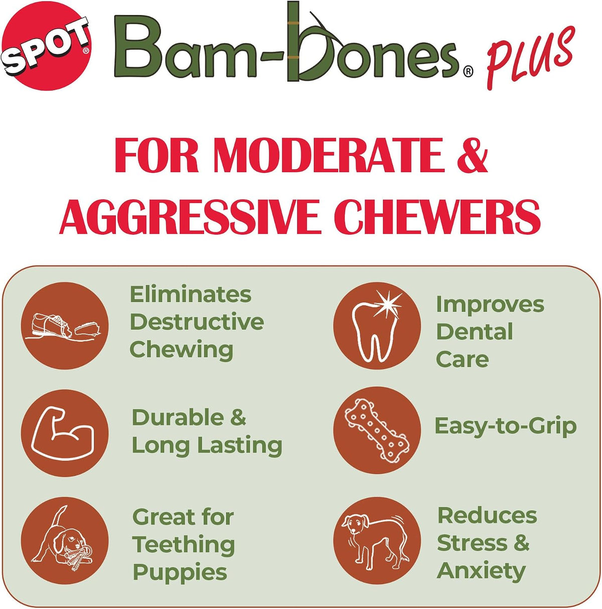 Bam-Bones Plus T Bone – Bamboo Fiber & Nylon Dog Chew Toy for Moderate to Aggressive Chewers, Durable Long Lasting & Non-Splintering, Beef Flavor Toy for Adult Dogs & Puppies Under 60 lbs, 6 in