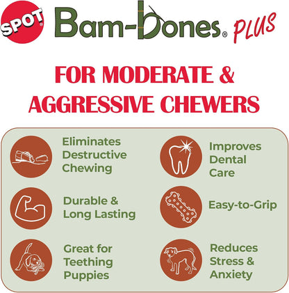 Bam-Bones Plus T Bone – Bamboo Fiber & Nylon Dog Chew Toy for Moderate to Aggressive Chewers, Durable Long Lasting & Non-Splintering, Beef Flavor Toy for Adult Dogs & Puppies Under 60 lbs, 6 in