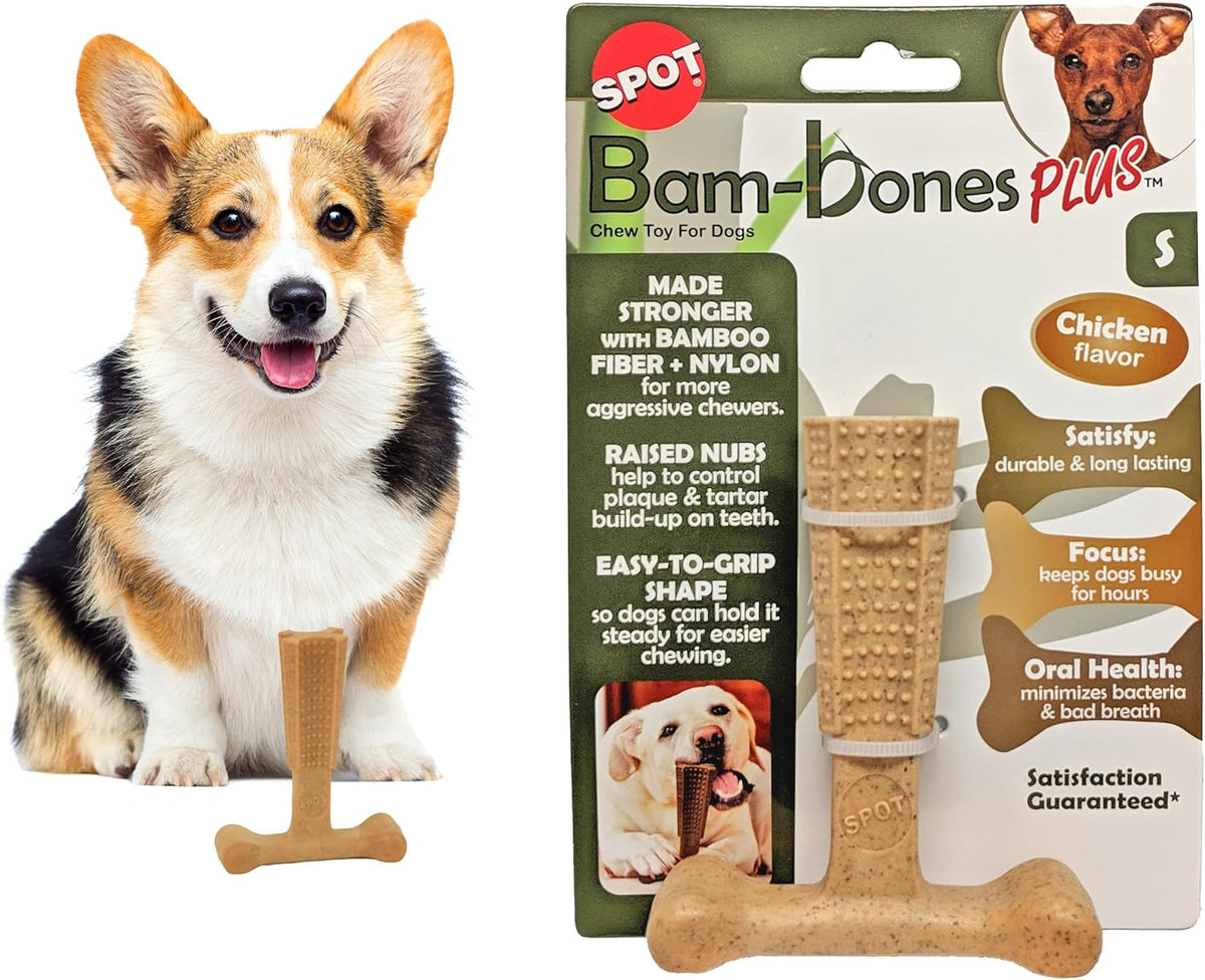 Bam-Bones Plus T Bone – Bamboo Fiber & Nylon Dog Chew Toy for Moderate to Aggressive Chewers, Durable Long Lasting & Non-Splintering, Beef Flavor Toy for Adult Dogs & Puppies Under 60 lbs, 6 in