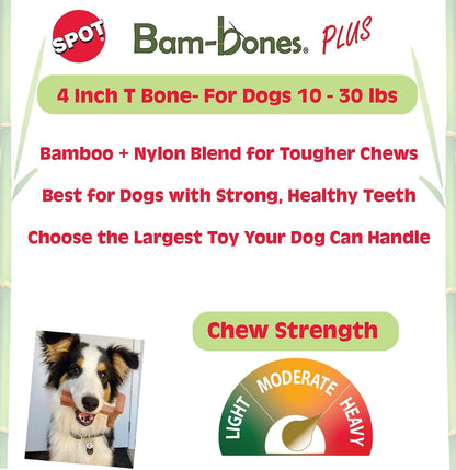 Bam-Bones Plus T Bone – Bamboo Fiber & Nylon Dog Chew Toy for Moderate to Aggressive Chewers, Durable Long Lasting & Non-Splintering, Beef Flavor Toy for Adult Dogs & Puppies Under 60 lbs, 6 in