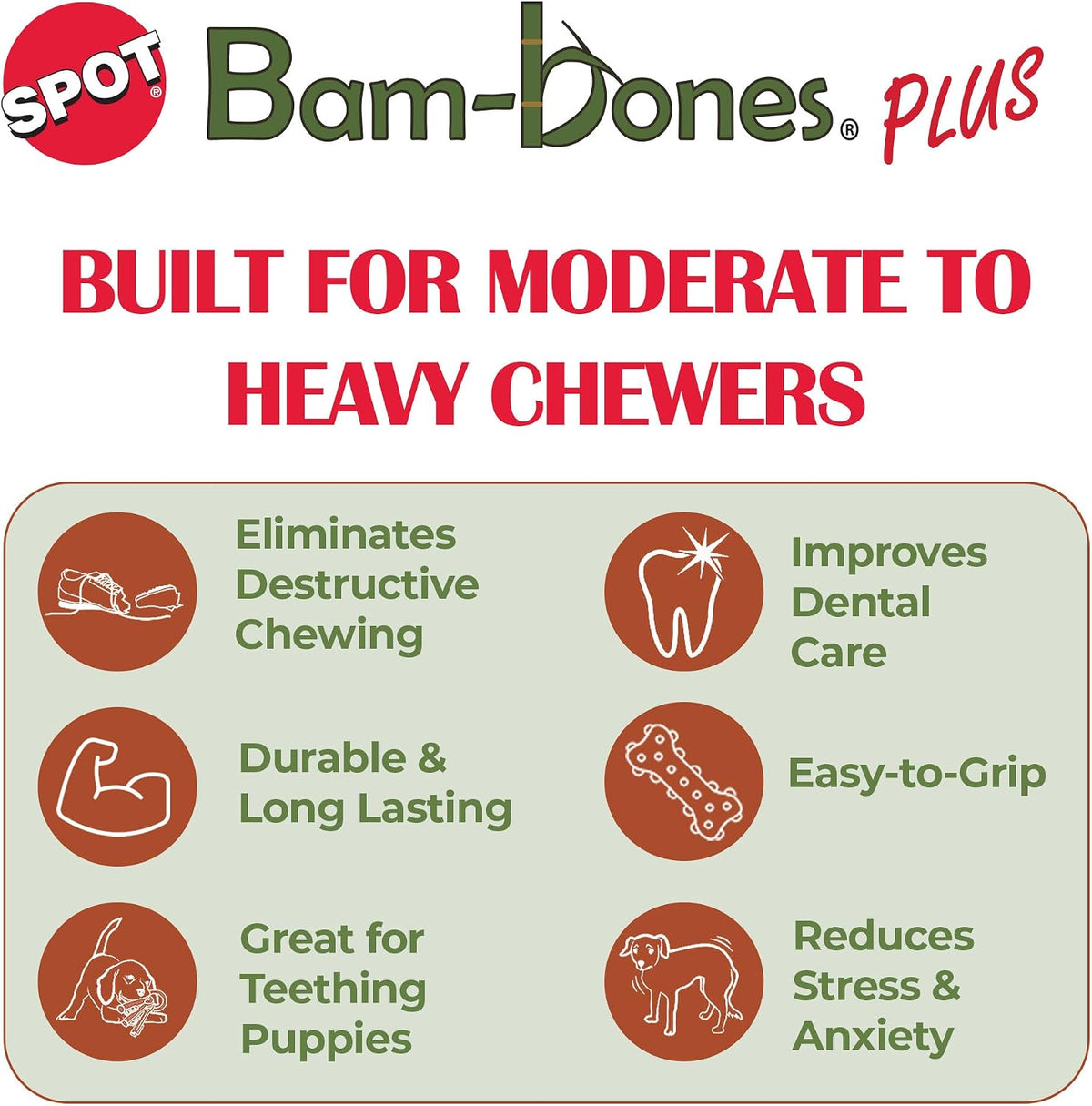Bam-Bones Plus T Bone – Bamboo Fiber & Nylon Dog Chew Toy for Moderate to Aggressive Chewers, Durable Long Lasting & Non-Splintering, Beef Flavor Toy for Adult Dogs & Puppies Under 60 lbs, 6 in