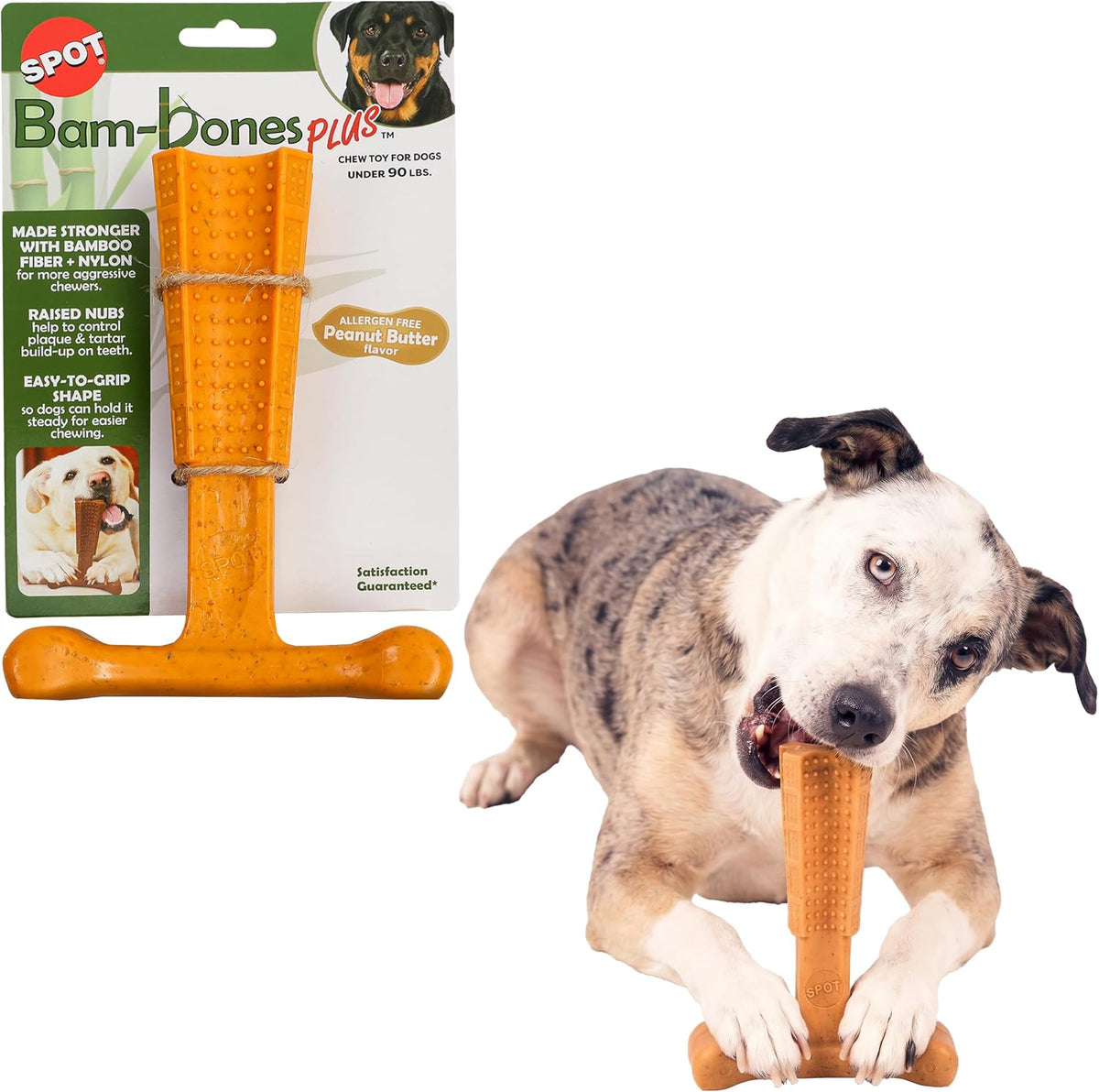 Bam-Bones Plus T Bone – Bamboo Fiber & Nylon Dog Chew Toy for Moderate to Aggressive Chewers, Durable Long Lasting & Non-Splintering, Beef Flavor Toy for Adult Dogs & Puppies Under 60 lbs, 6 in