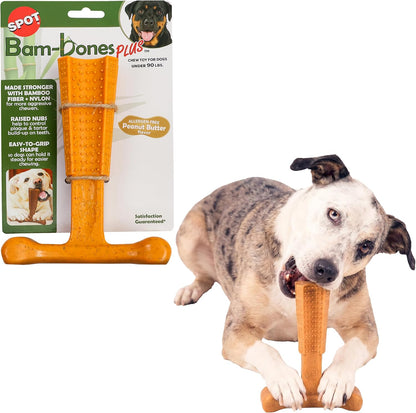 Bam-Bones Plus T Bone – Bamboo Fiber & Nylon Dog Chew Toy for Moderate to Aggressive Chewers, Durable Long Lasting & Non-Splintering, Beef Flavor Toy for Adult Dogs & Puppies Under 60 lbs, 6 in