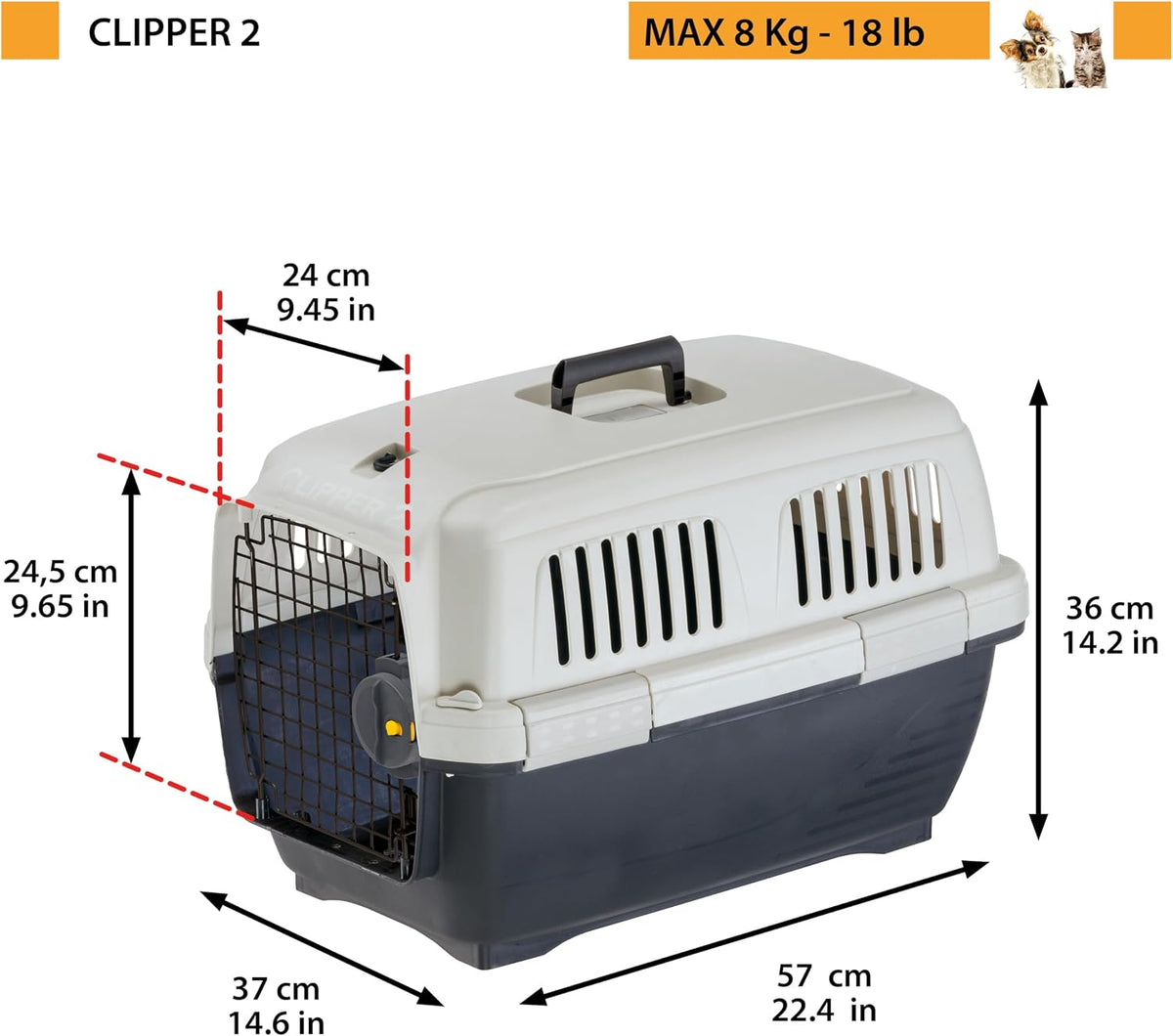 Clipper 2 Cat Carrier, IATA, Small Dog and Cat Carrier Max 8 kg, Rigid Carrier, Travel Animals Car Plane, Train, 57 x 37 x H 36 cm, Steel Door, Secure Closure