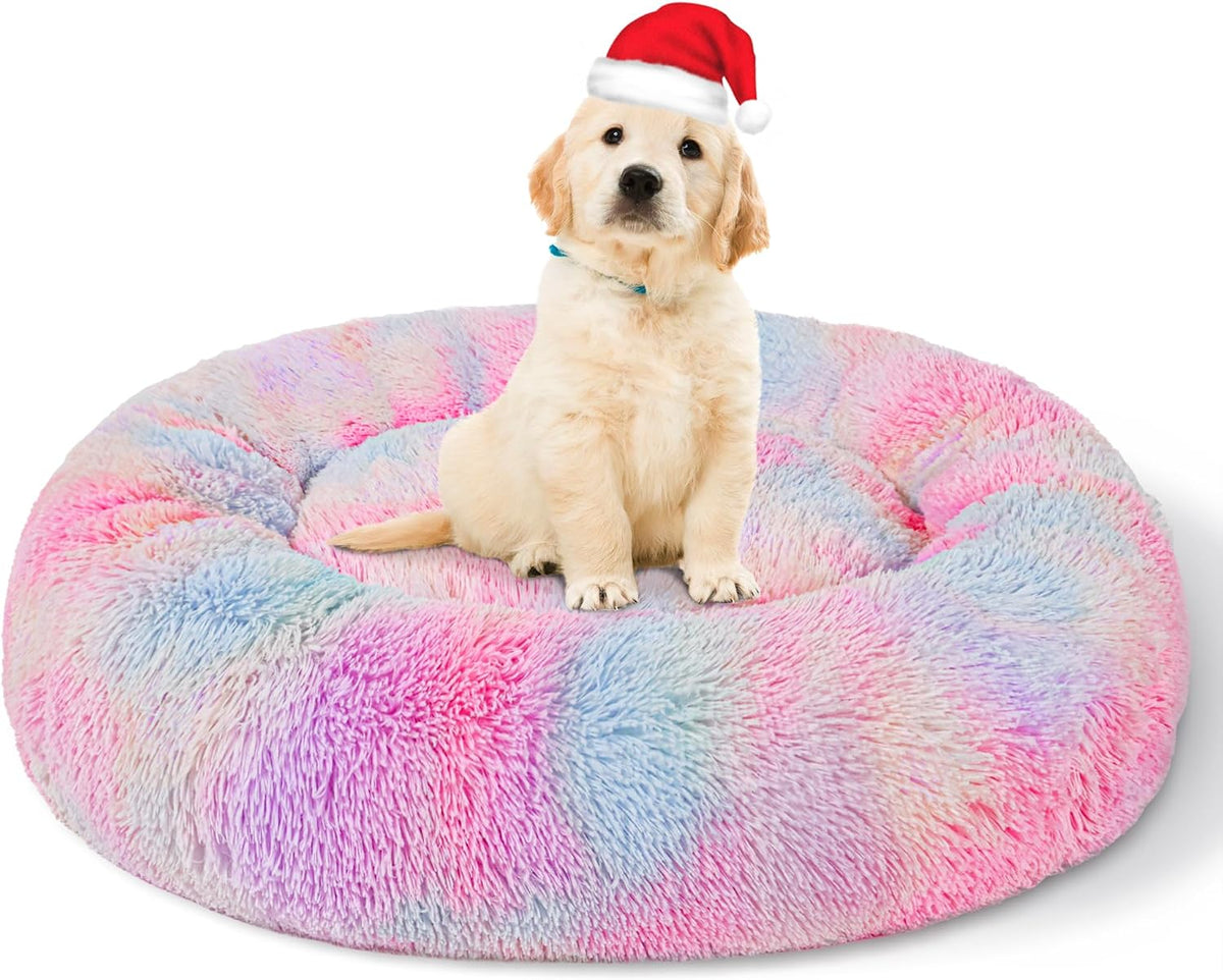 Calming Dog Bed for Small Dogs, Fluffy Soft Cozy Cat Bed, Faux Fur Anti-Anxiety Plush Washable Pet Donut Cuddler for All Seasons 20IN, Mixed Rainbow