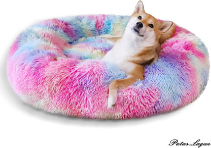 Calming Dog Bed for Small Dogs, Fluffy Soft Cozy Cat Bed, Faux Fur Anti-Anxiety Plush Washable Pet Donut Cuddler for All Seasons 20IN, Mixed Rainbow