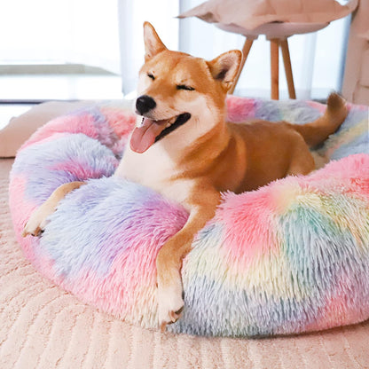 Calming Dog Bed for Small Dogs, Fluffy Soft Cozy Cat Bed, Faux Fur Anti-Anxiety Plush Washable Pet Donut Cuddler for All Seasons 20IN, Mixed Rainbow
