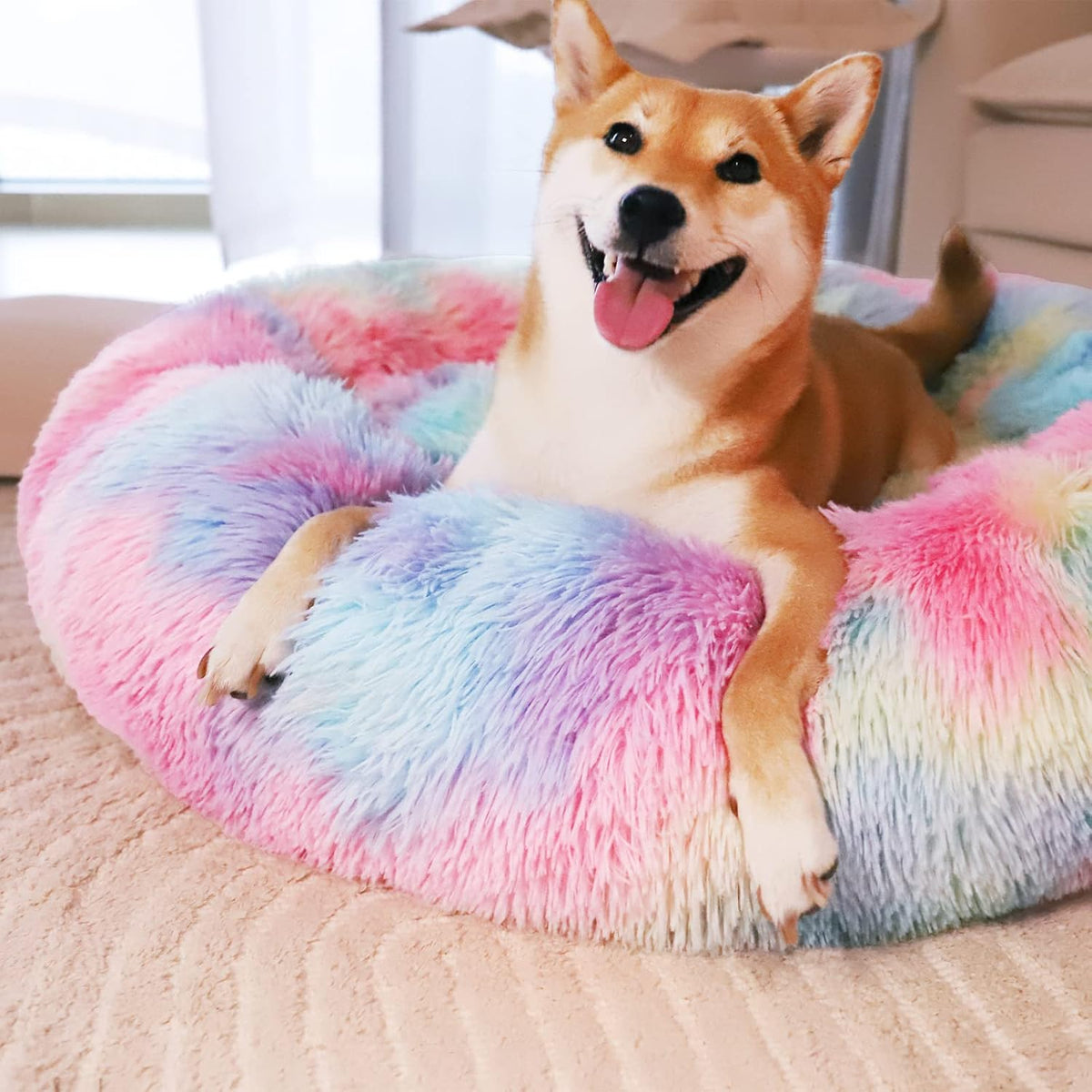 Calming Dog Bed for Small Dogs, Fluffy Soft Cozy Cat Bed, Faux Fur Anti-Anxiety Plush Washable Pet Donut Cuddler for All Seasons 20IN, Mixed Rainbow