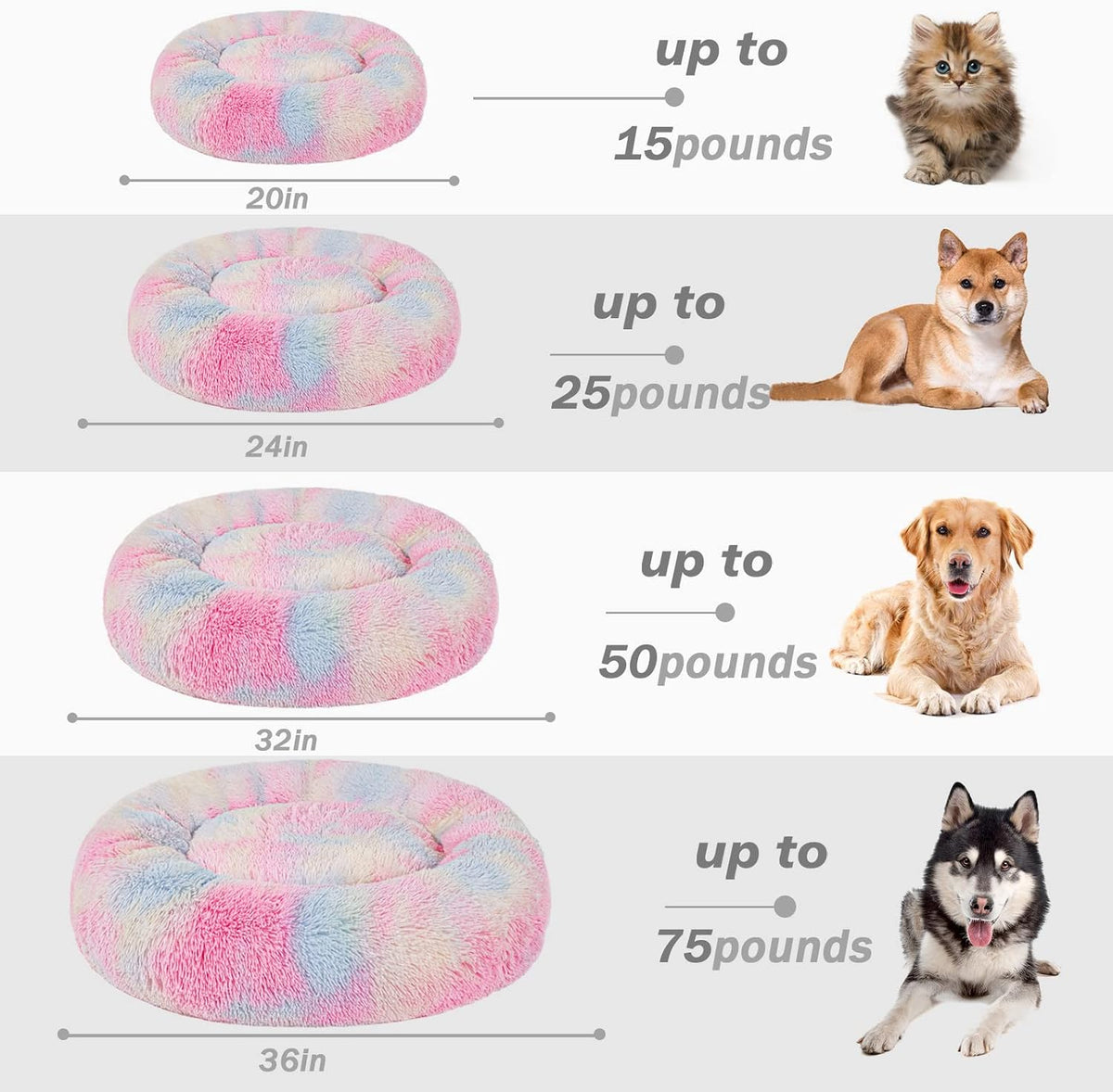 Calming Dog Bed for Small Dogs, Fluffy Soft Cozy Cat Bed, Faux Fur Anti-Anxiety Plush Washable Pet Donut Cuddler for All Seasons 20IN, Mixed Rainbow