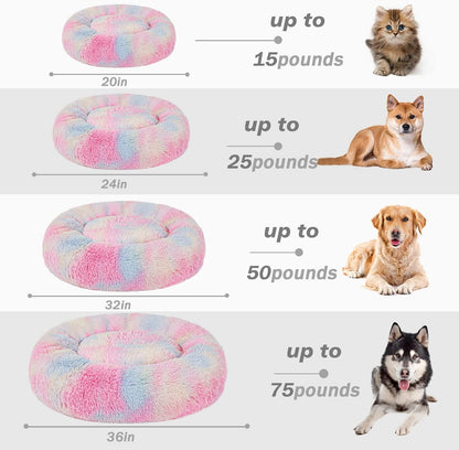 Calming Dog Bed for Small Dogs, Fluffy Soft Cozy Cat Bed, Faux Fur Anti-Anxiety Plush Washable Pet Donut Cuddler for All Seasons 20IN, Mixed Rainbow
