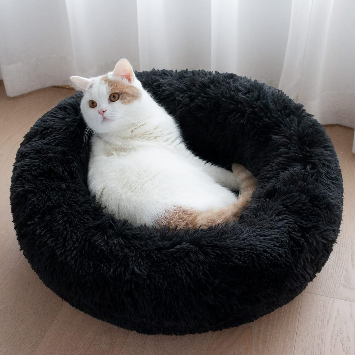 Calming Dog Bed for Small Dogs, Fluffy Soft Cozy Cat Bed, Faux Fur Anti-Anxiety Plush Washable Pet Donut Cuddler for All Seasons 20IN, Mixed Rainbow