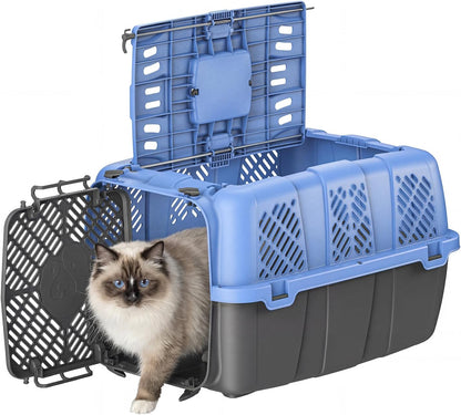 Airline Approved Cat Carrier, Hard Shell Carrier Cat, Top Loading Cat Carrier with Top & Front Dual Door, 360° Ventilation Security Lock for Small Cats and Dogs Grey (Blue)