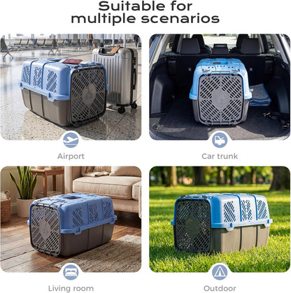 Airline Approved Cat Carrier, Hard Shell Carrier Cat, Top Loading Cat Carrier with Top & Front Dual Door, 360° Ventilation Security Lock for Small Cats and Dogs Grey (Blue)