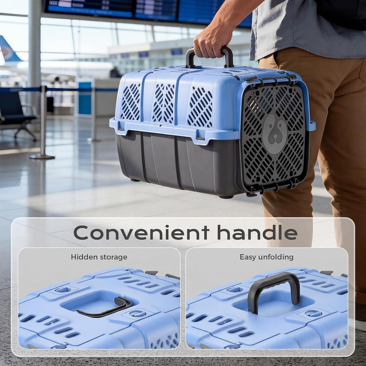 Airline Approved Cat Carrier, Hard Shell Carrier Cat, Top Loading Cat Carrier with Top & Front Dual Door, 360° Ventilation Security Lock for Small Cats and Dogs Grey (Blue)