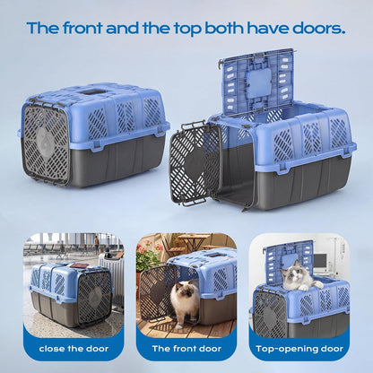 Airline Approved Cat Carrier, Hard Shell Carrier Cat, Top Loading Cat Carrier with Top & Front Dual Door, 360° Ventilation Security Lock for Small Cats and Dogs Grey (Blue)