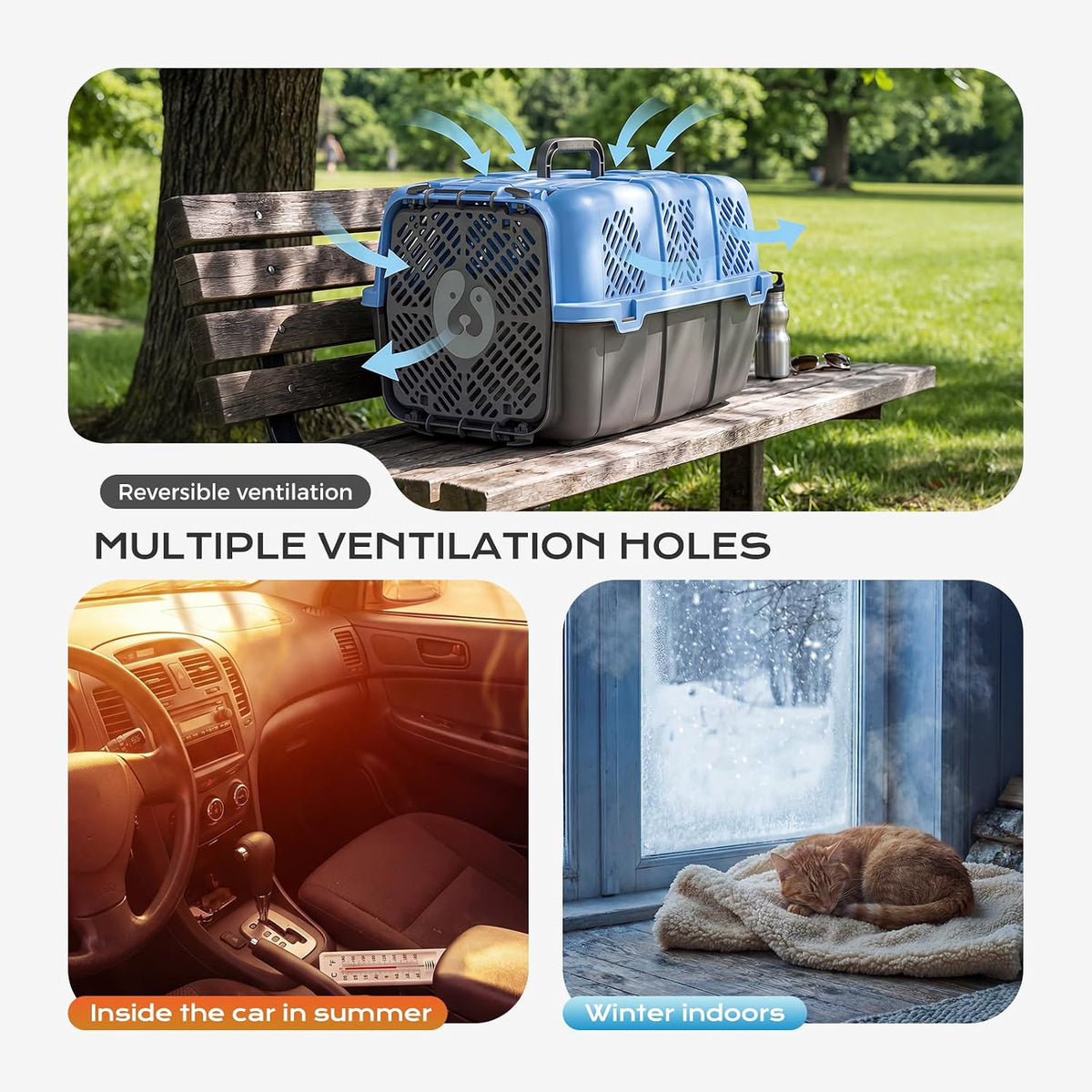 Airline Approved Cat Carrier, Hard Shell Carrier Cat, Top Loading Cat Carrier with Top & Front Dual Door, 360° Ventilation Security Lock for Small Cats and Dogs Grey (Blue)