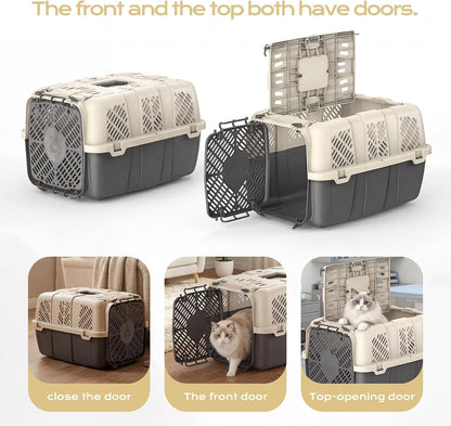 Airline Approved Cat Carrier, Hard Shell Carrier Cat, Top Loading Cat Carrier with Top & Front Dual Door, 360° Ventilation Security Lock for Small Cats and Dogs Grey (Blue)