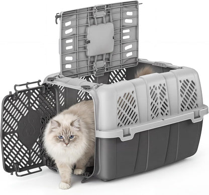 Airline Approved Cat Carrier, Hard Shell Carrier Cat, Top Loading Cat Carrier with Top & Front Dual Door, 360° Ventilation Security Lock for Small Cats and Dogs Grey (Blue)