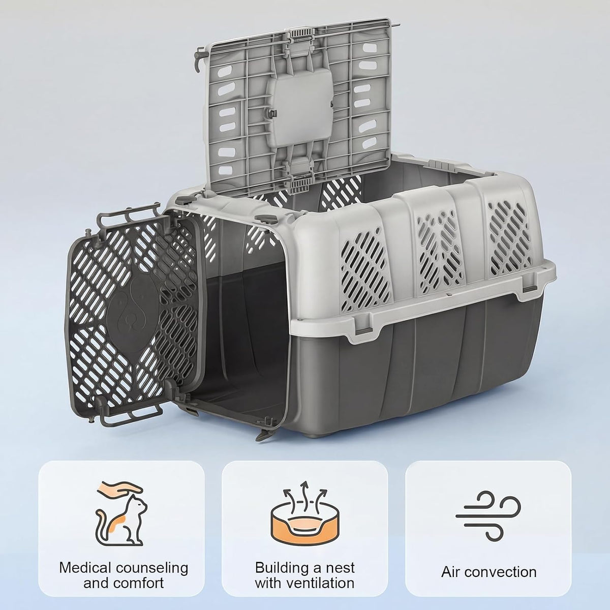 Airline Approved Cat Carrier, Hard Shell Carrier Cat, Top Loading Cat Carrier with Top & Front Dual Door, 360° Ventilation Security Lock for Small Cats and Dogs Grey (Blue)