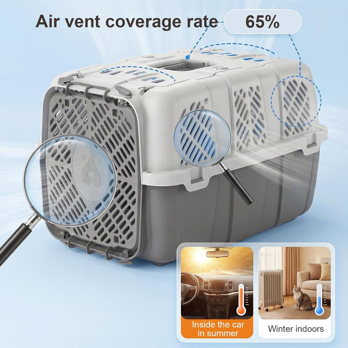 Airline Approved Cat Carrier, Hard Shell Carrier Cat, Top Loading Cat Carrier with Top & Front Dual Door, 360° Ventilation Security Lock for Small Cats and Dogs Grey (Blue)